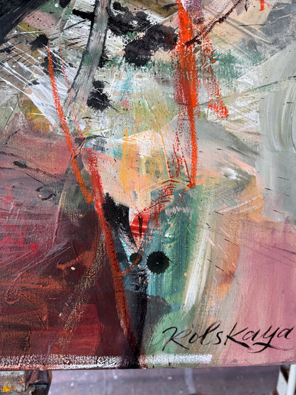 Detail of layered acrylic, oil pastel lines and expressive marks in When Light Meets Soul by Anna Rolskaya.