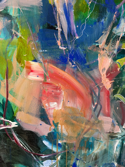 Detail of layered acrylic, oil pastel lines and fluid brushwork in Whispers in Motion by Anna Rolskaya.